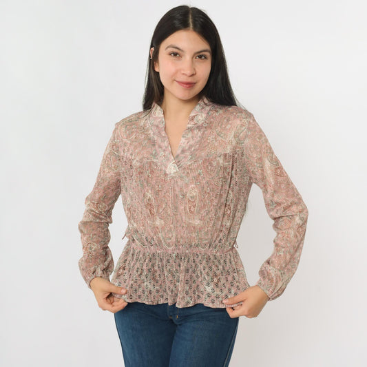 70s Pink Paisley Pleated Blouse Lace Cutouts Ruffled Collar Long Sleeve Medium