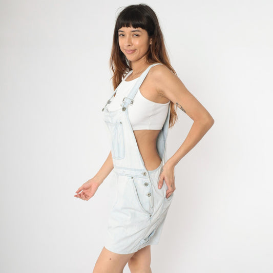 90s Bill Blass Light Wash Denim Shortalls Distressed Blue Jean Overalls Medium