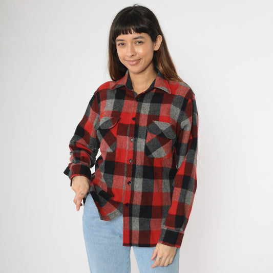 70s Buffalo Plaid Wool Blend Shirt Red Grey Black Lumberjack Button Up Medium