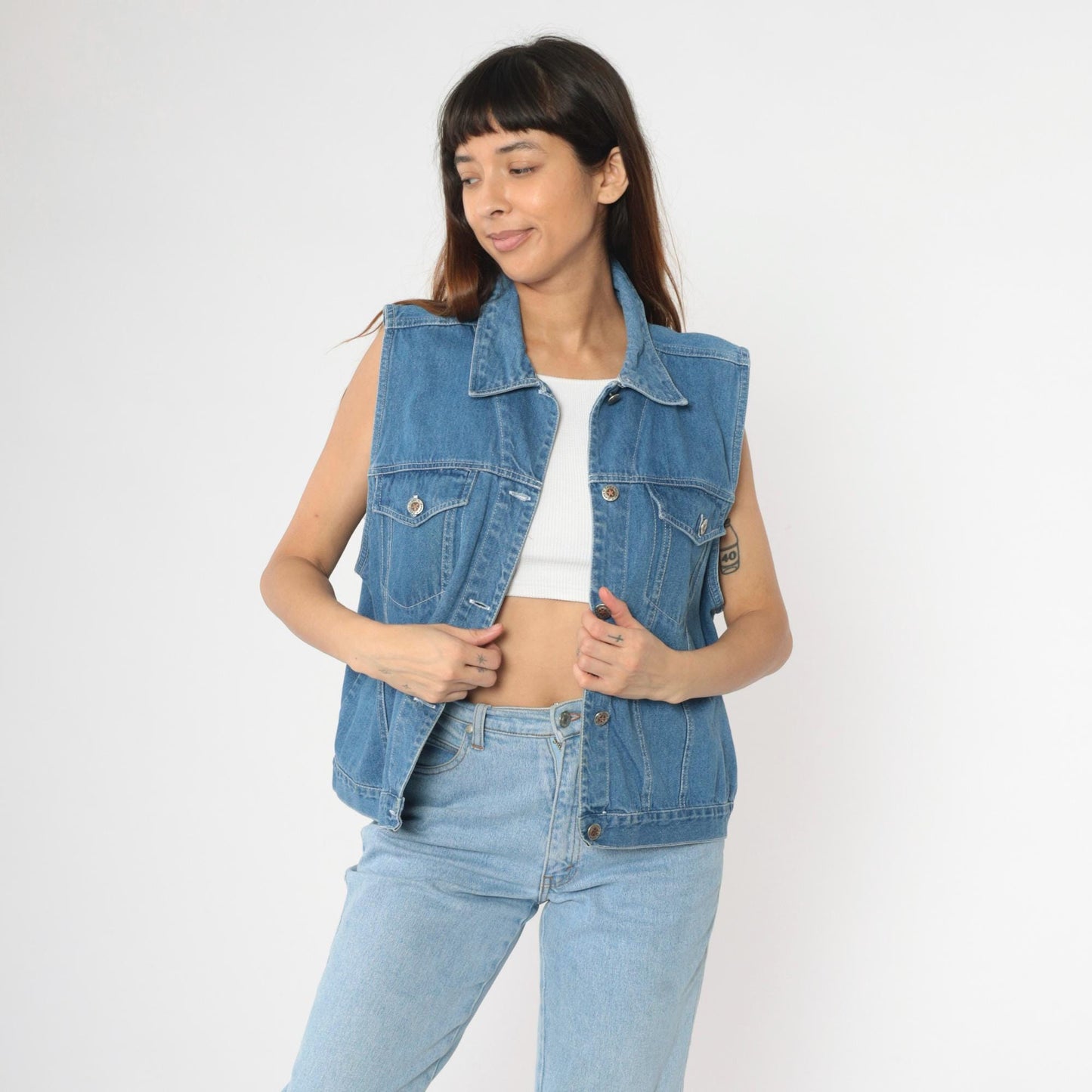 Y2K Faded Glory Denim Vest Blue Button-Up Sleeveless Large L
