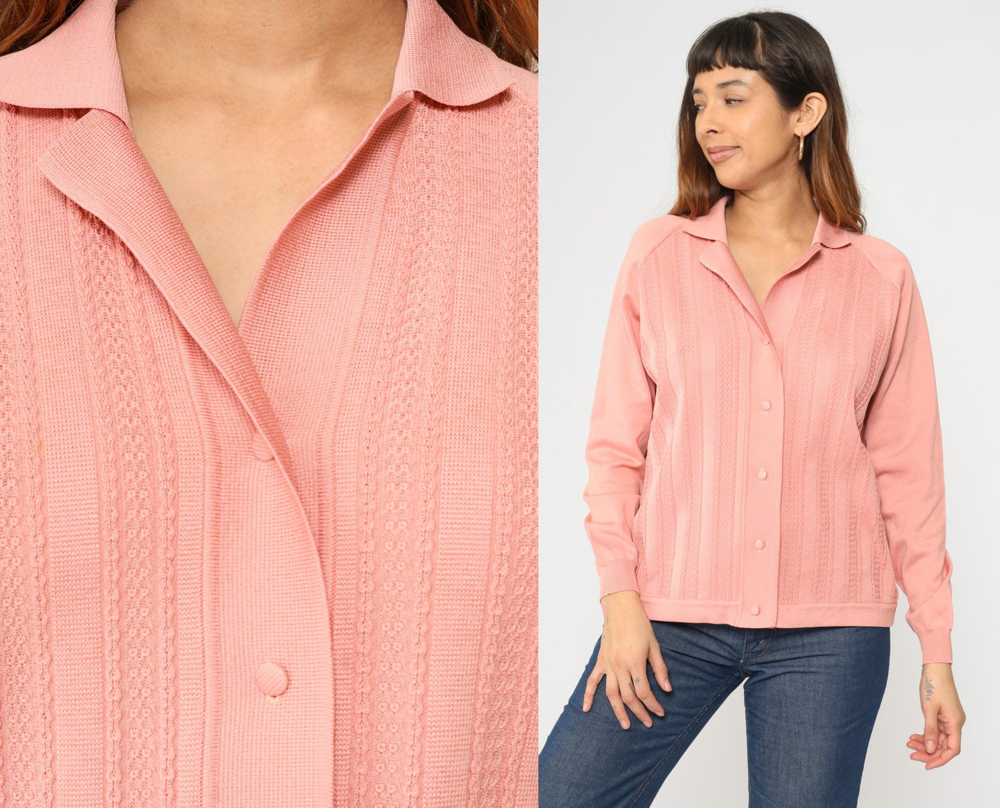 70s Pink Textured Cardigan Sweater Raglan Collar Button-Up Medium