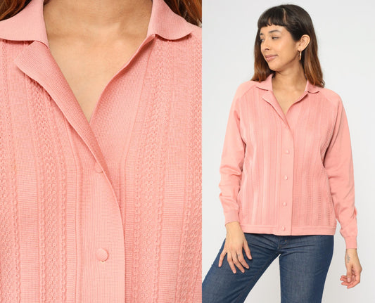 70s Pink Textured Cardigan Sweater Raglan Collar Button-Up Medium
