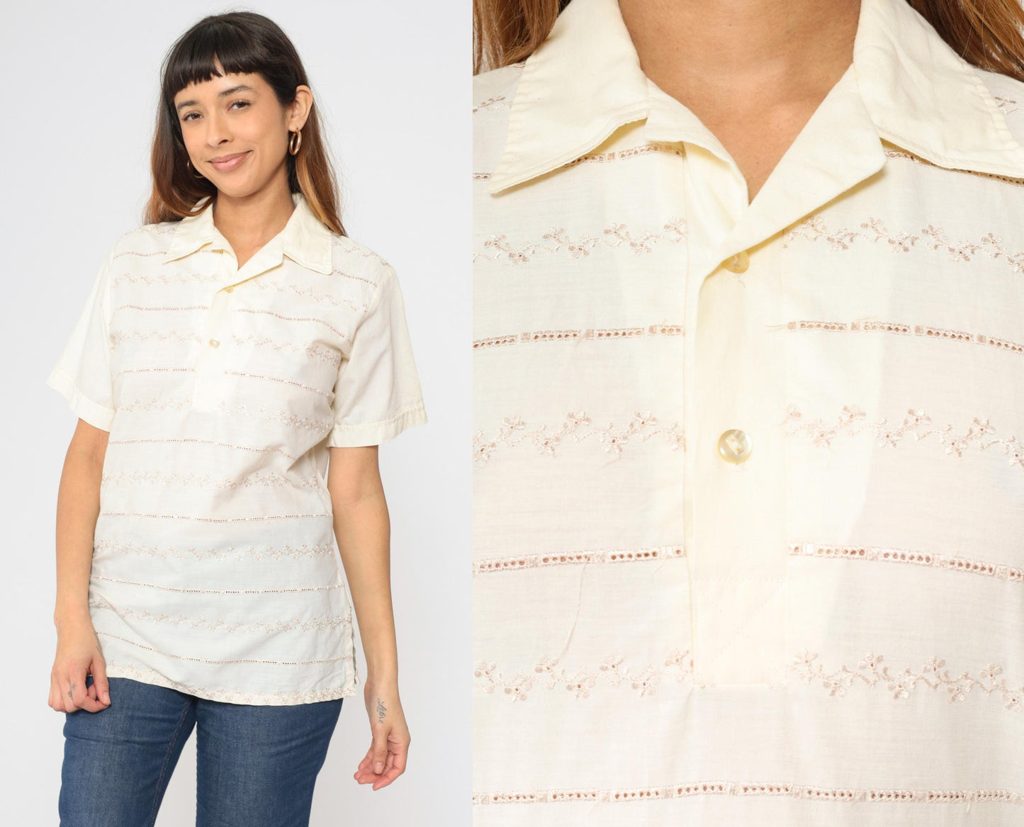 70s Paul Howard California Eyelet Striped Polo Shirt Cream Medium M