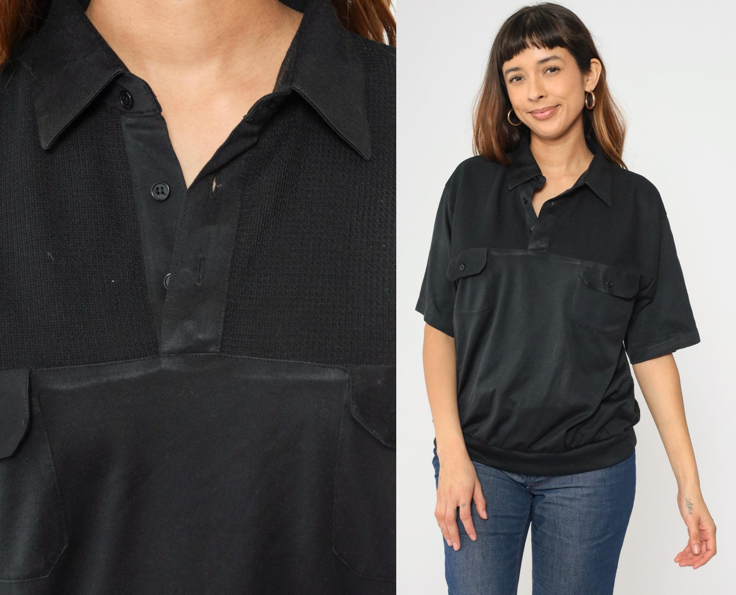 90s Black Polo Shirt Quarter Button Knit Yoke Banded Hem Men's Large L