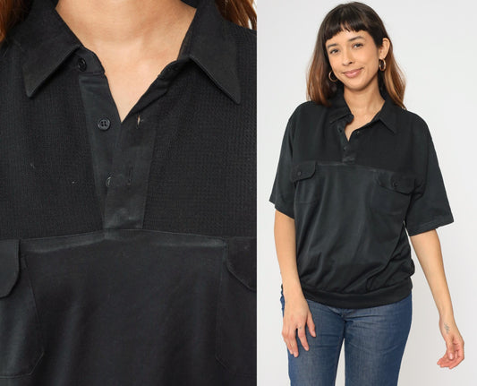 90s Black Polo Shirt Quarter Button Knit Yoke Banded Hem Men's Large L