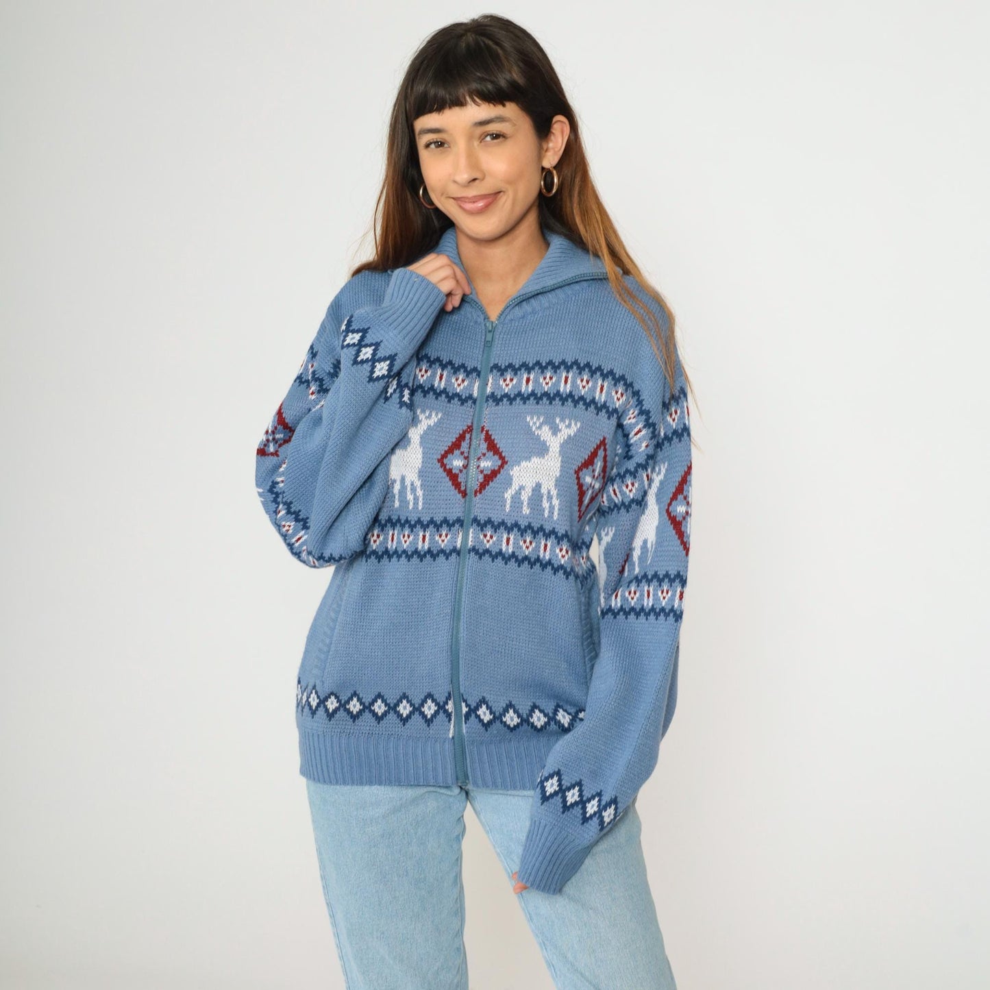 Y2K Fair Isle Reindeer Cardigan Blue Nordic Zip Knit Small S