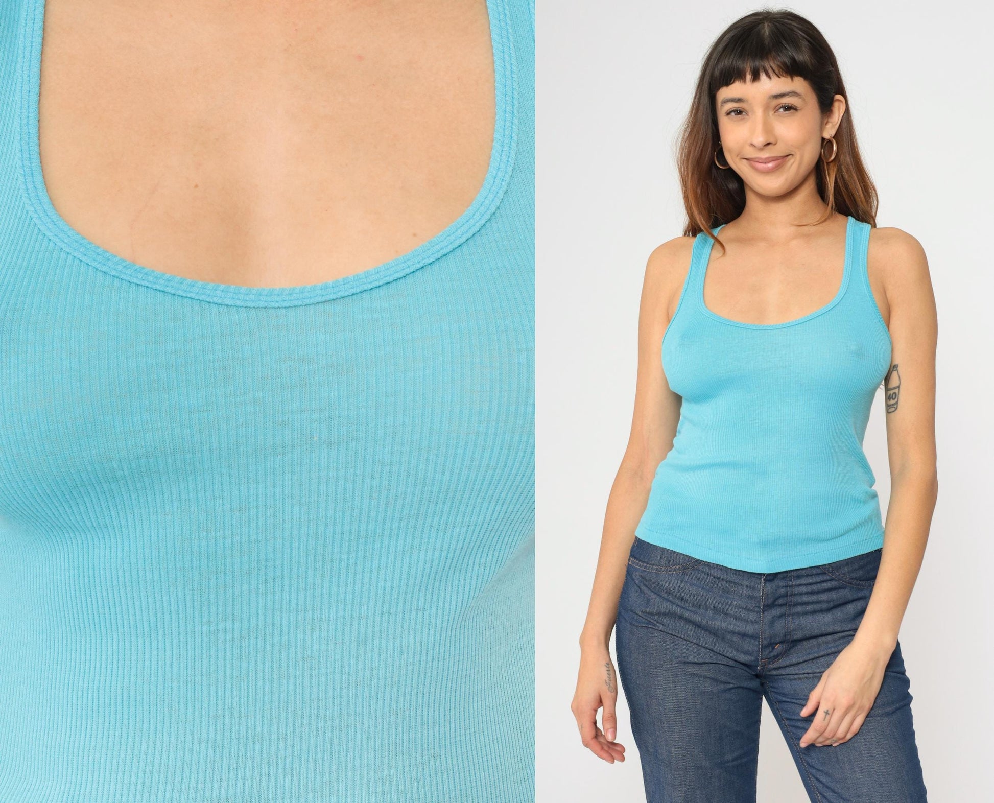 80s Bright Blue Racerback Tank Top Scoop Neck Single Stitch Small