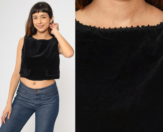 60s Black Velvet Crop Top Sleeveless Button-Back Blouse Small