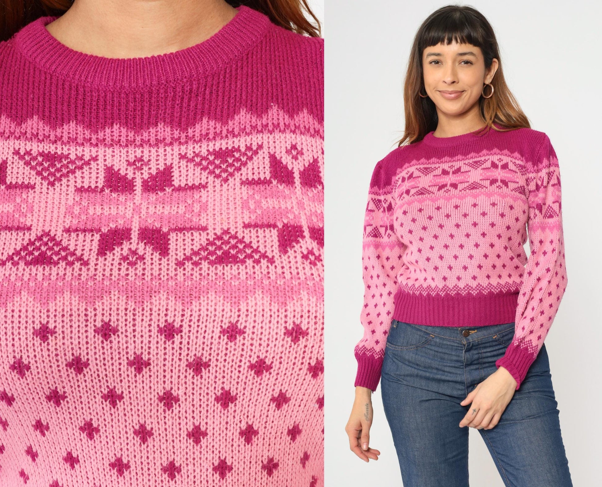 80s Pink Fair Isle Puff Sleeve Sweater Nordic Knit Small