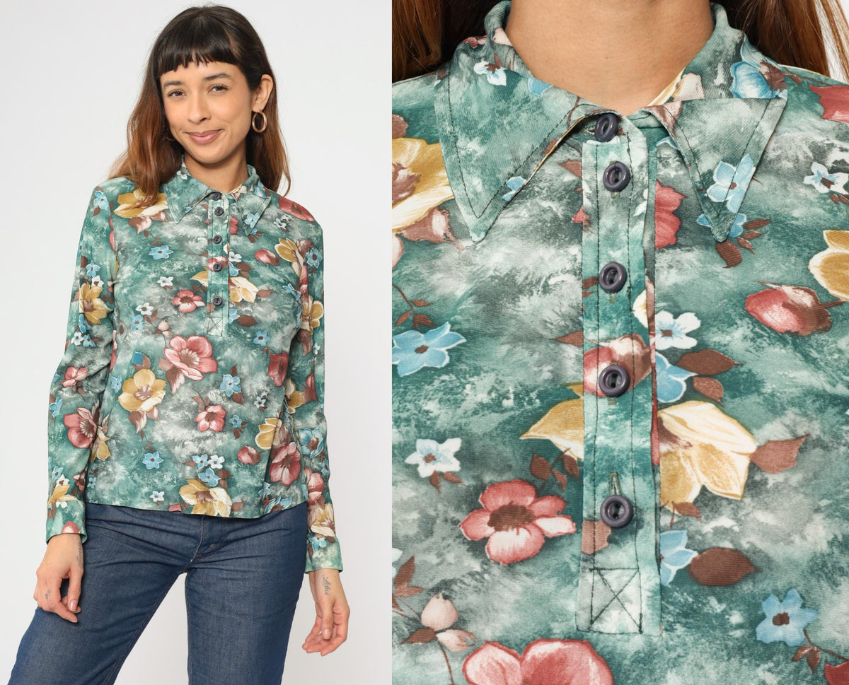 70s Green Floral Button-Up Blouse Long Sleeve Pointed Collar Medium