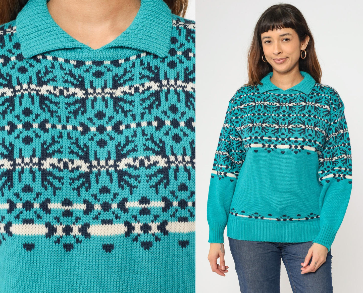 80s Demetre Wool Nordic Fair Isle Ski Sweater Turquoise Small