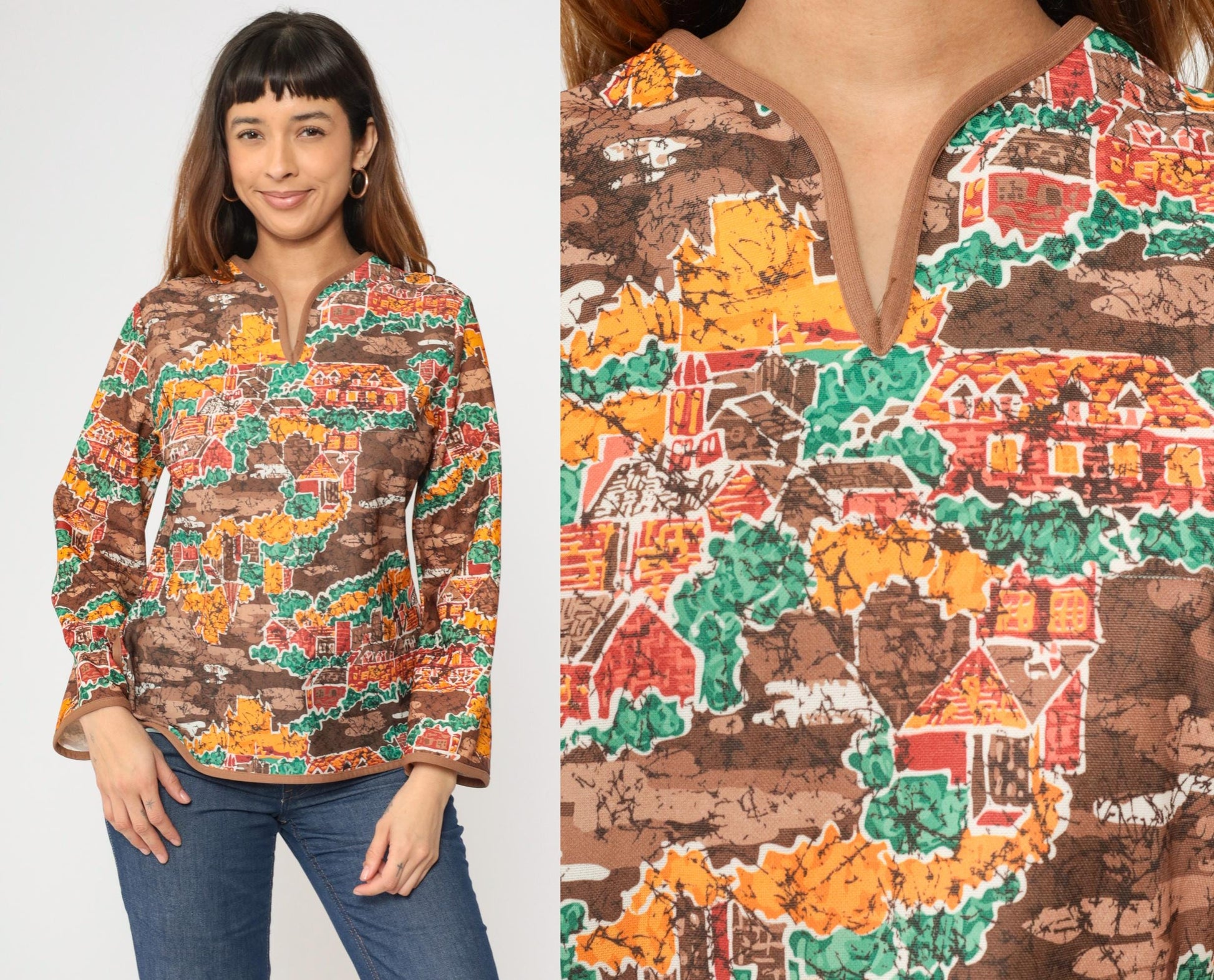 70s Village Print Shirt Brown Slit Neck Long Sleeve Blouse Medium M