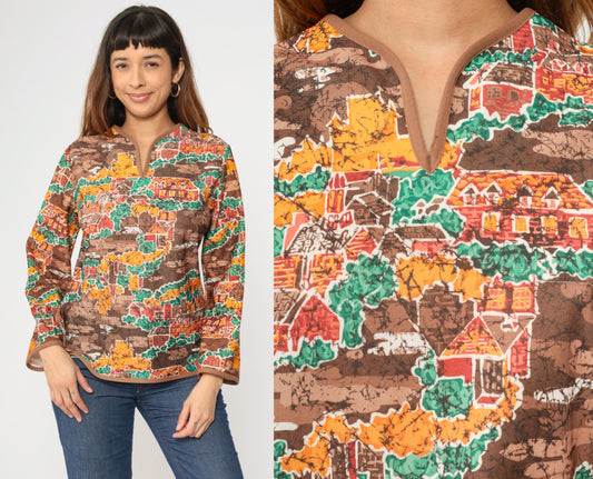 70s Village Print Shirt Brown Slit Neck Long Sleeve Blouse Medium M