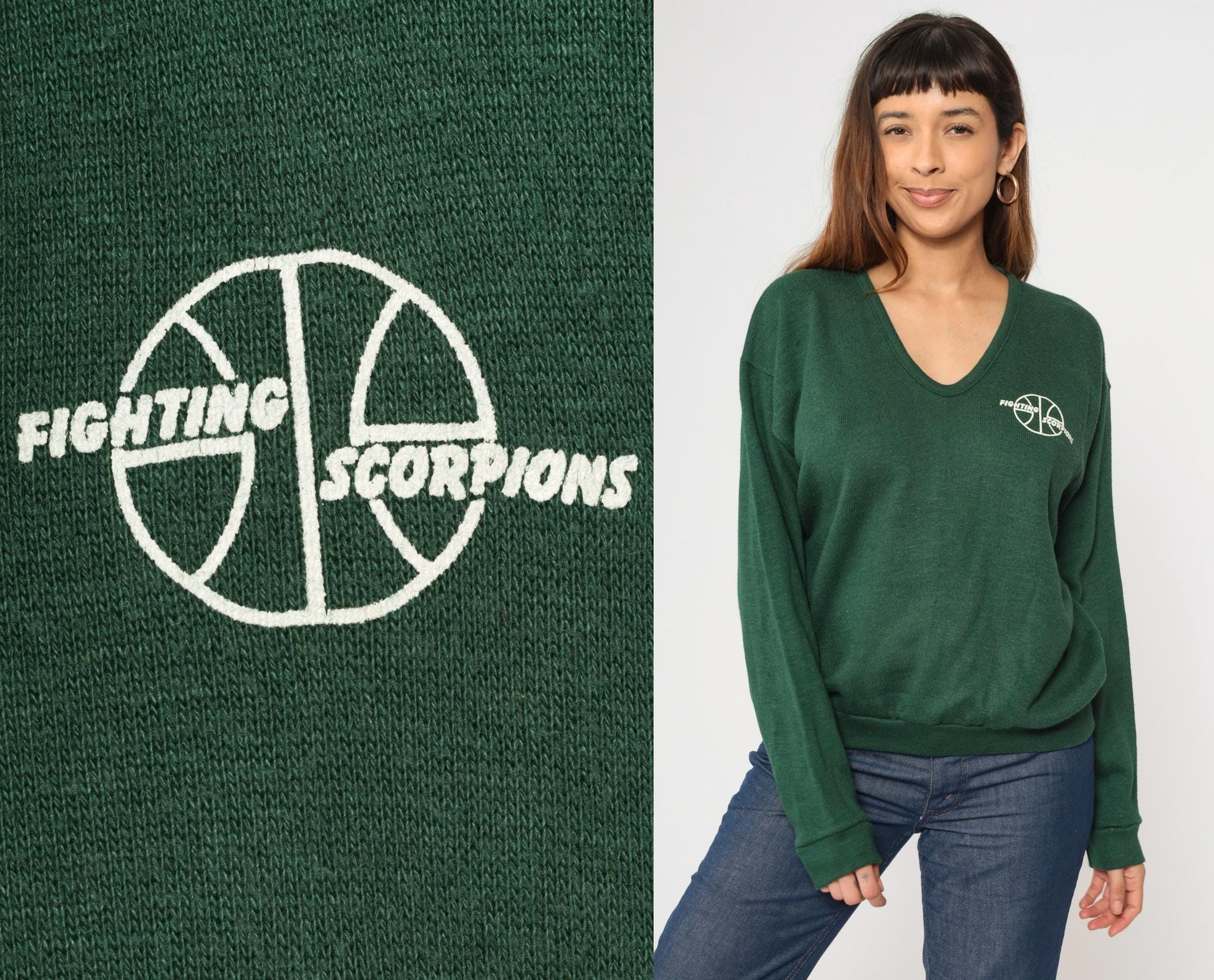 80s Fighting Scorpions Basketball V-Neck Sweater Forest Green Large