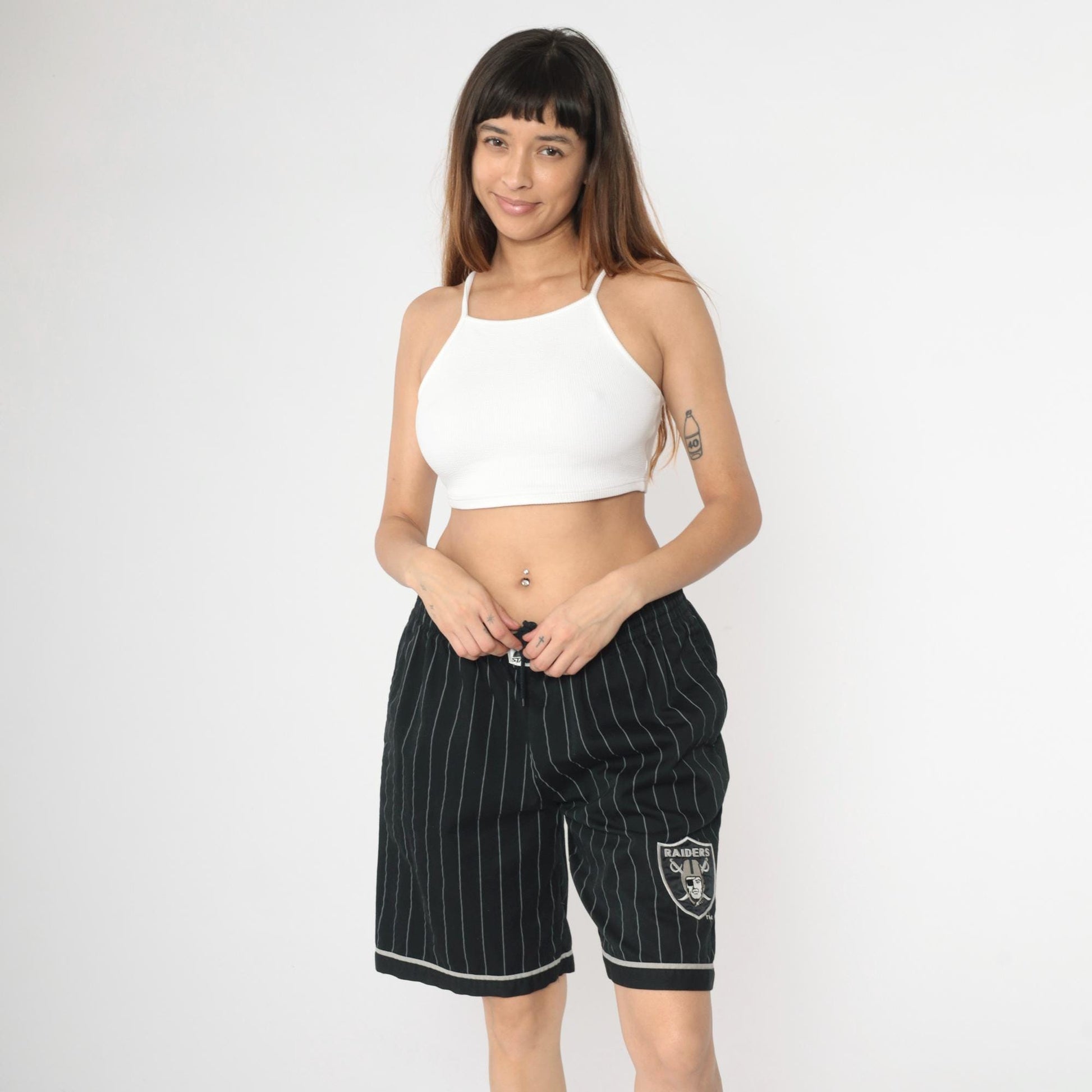 90s Starter Raiders NFL Shorts Black Pinstriped Elastic Waist Large