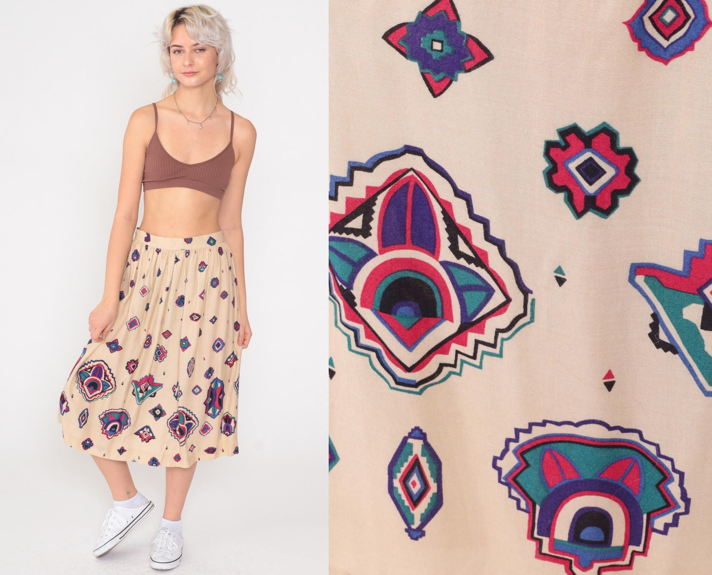 80s Panther Southwestern Midi Skirt Cream Geometric High Waist Small