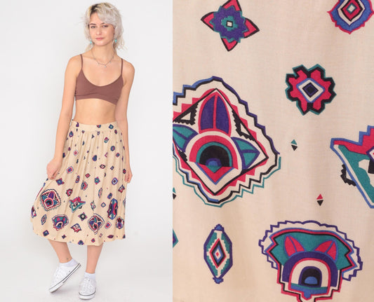 80s Panther Southwestern Midi Skirt Cream Geometric High Waist Small