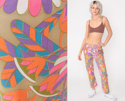 60s Psychedelic Floral Flare Pants Mid Rise Side Zip Medium