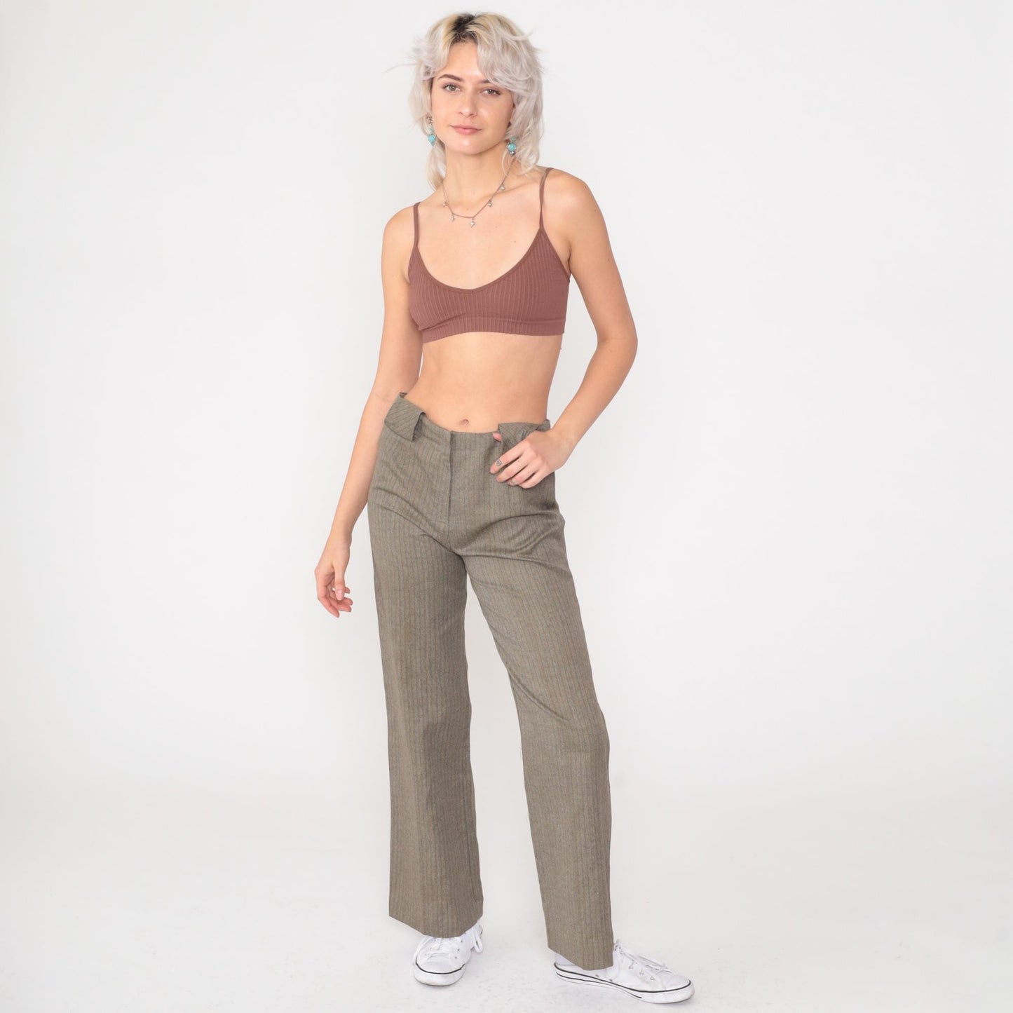 70s Grey Herringbone Pinstriped High-Rise Flare Pants Small