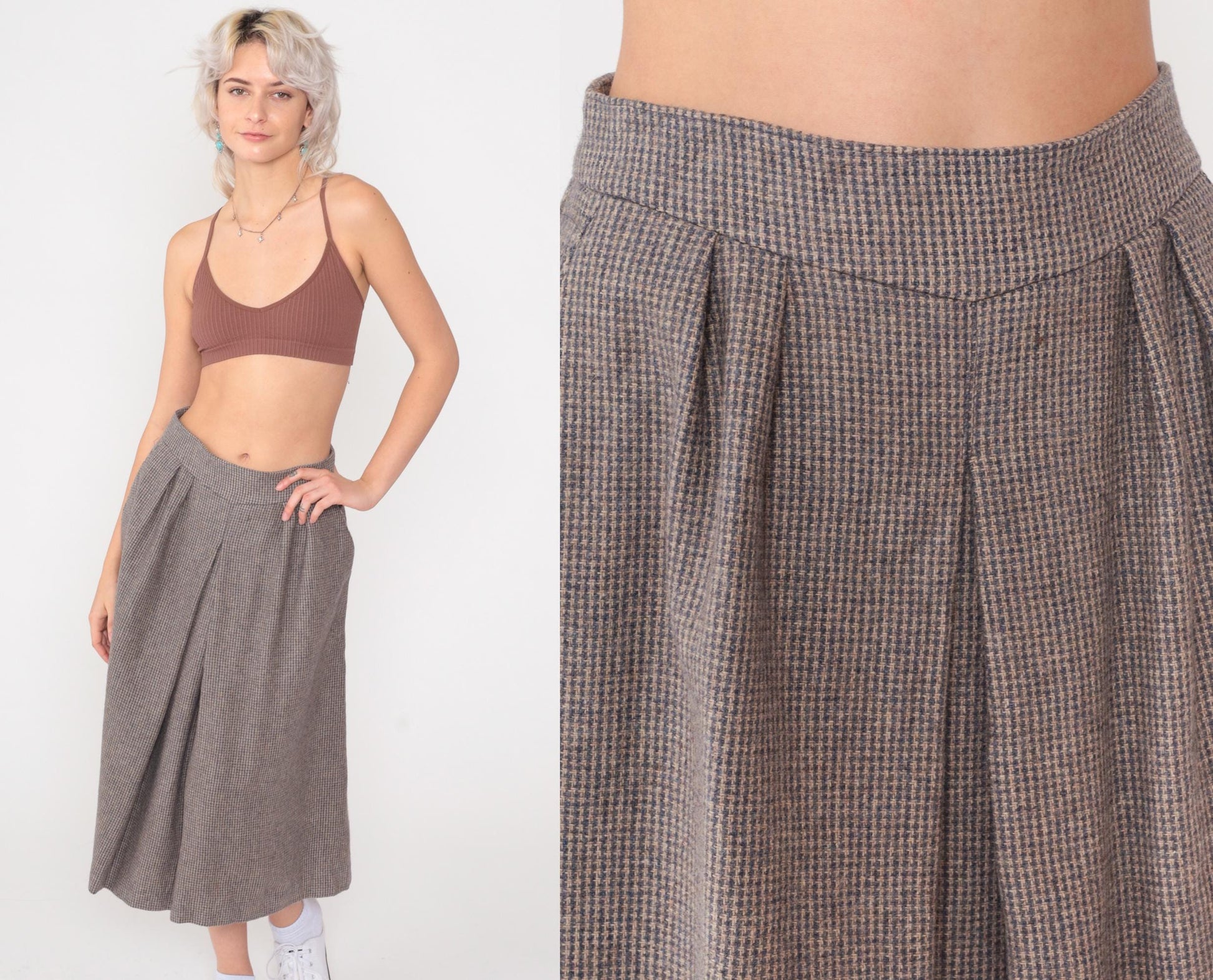 80s Clichy Wool Blend Checkered Midi Skirt Grey High Waisted Pleated Small