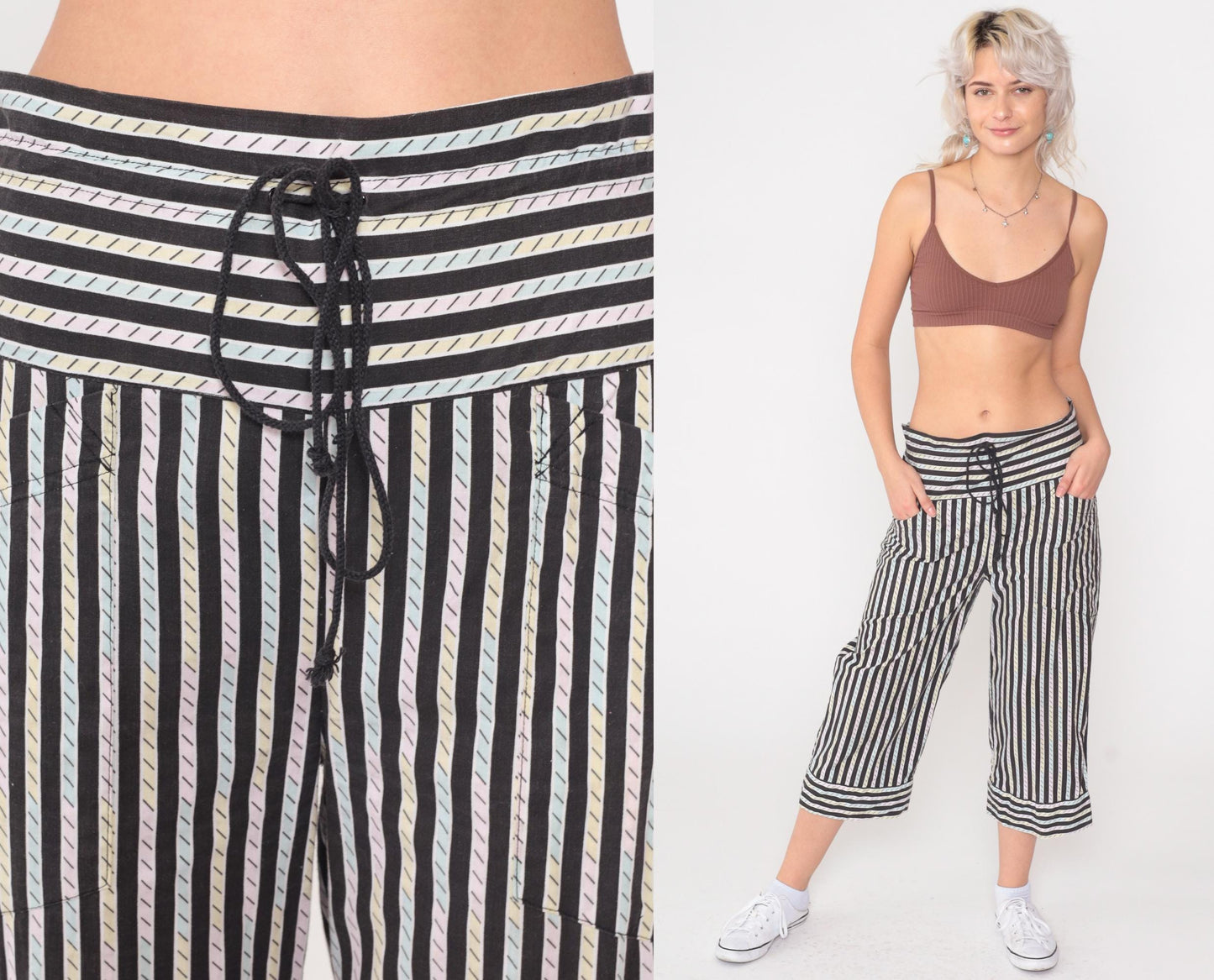 80s La Blanca Sport Striped High-Waist Drawstring Pants Black Pastel Extra Small