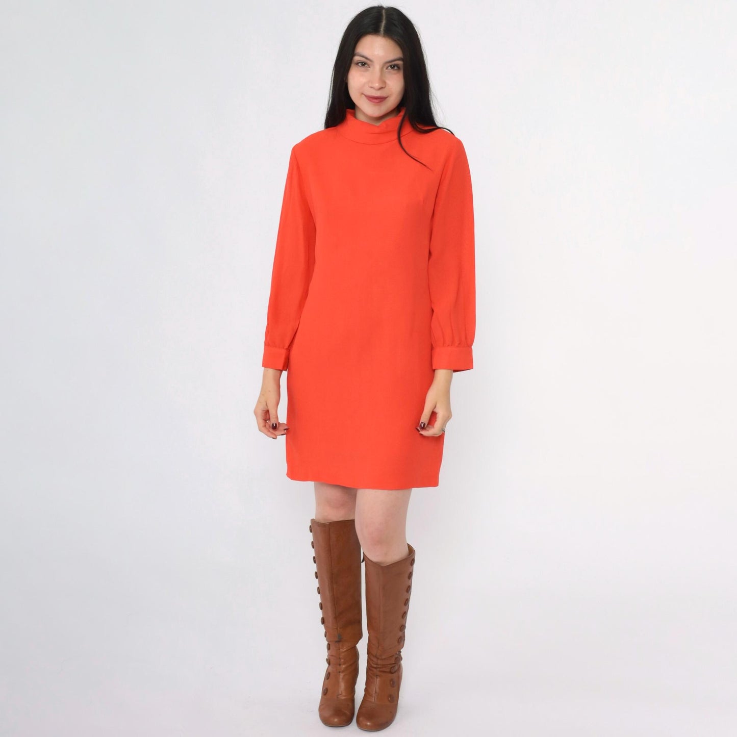 60s Orange Shift Dress Mock Neck Long Sleeve Mini Mod Space Age Small
