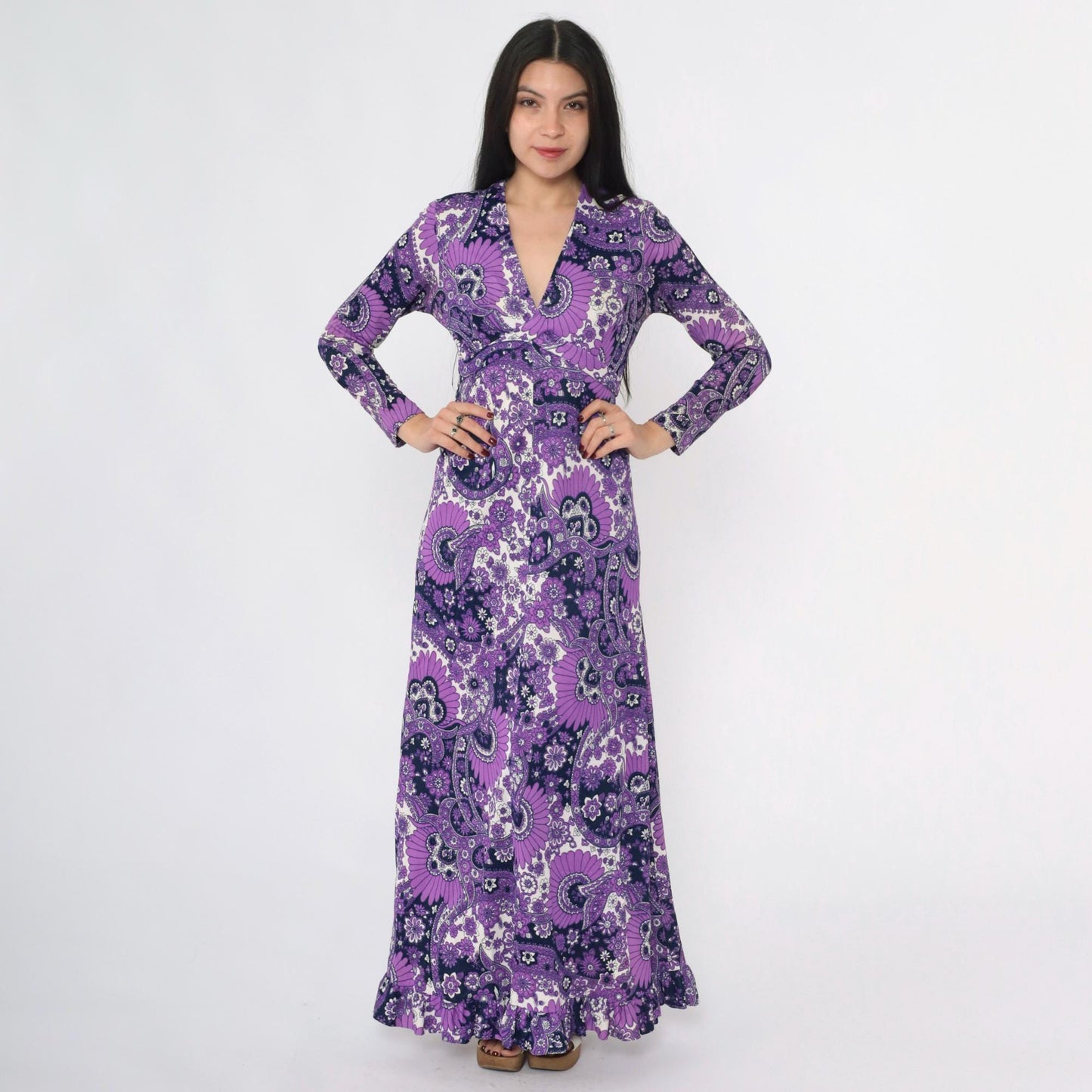 70s Purple Paisley Floral Maxi Dress Empire Waist V Neck Long Sleeve Medium