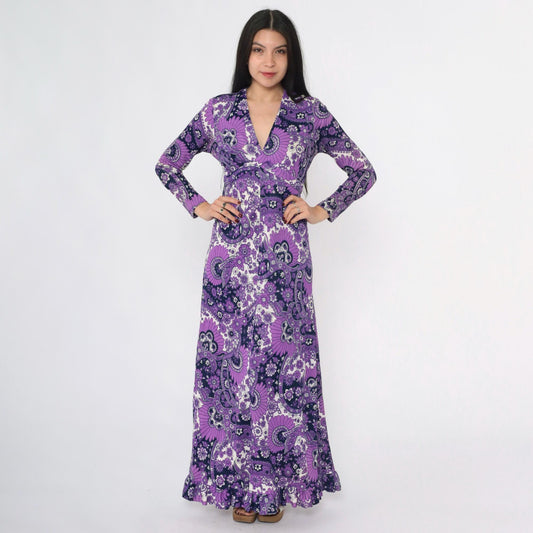 70s Purple Paisley Floral Maxi Dress Empire Waist V Neck Long Sleeve Medium