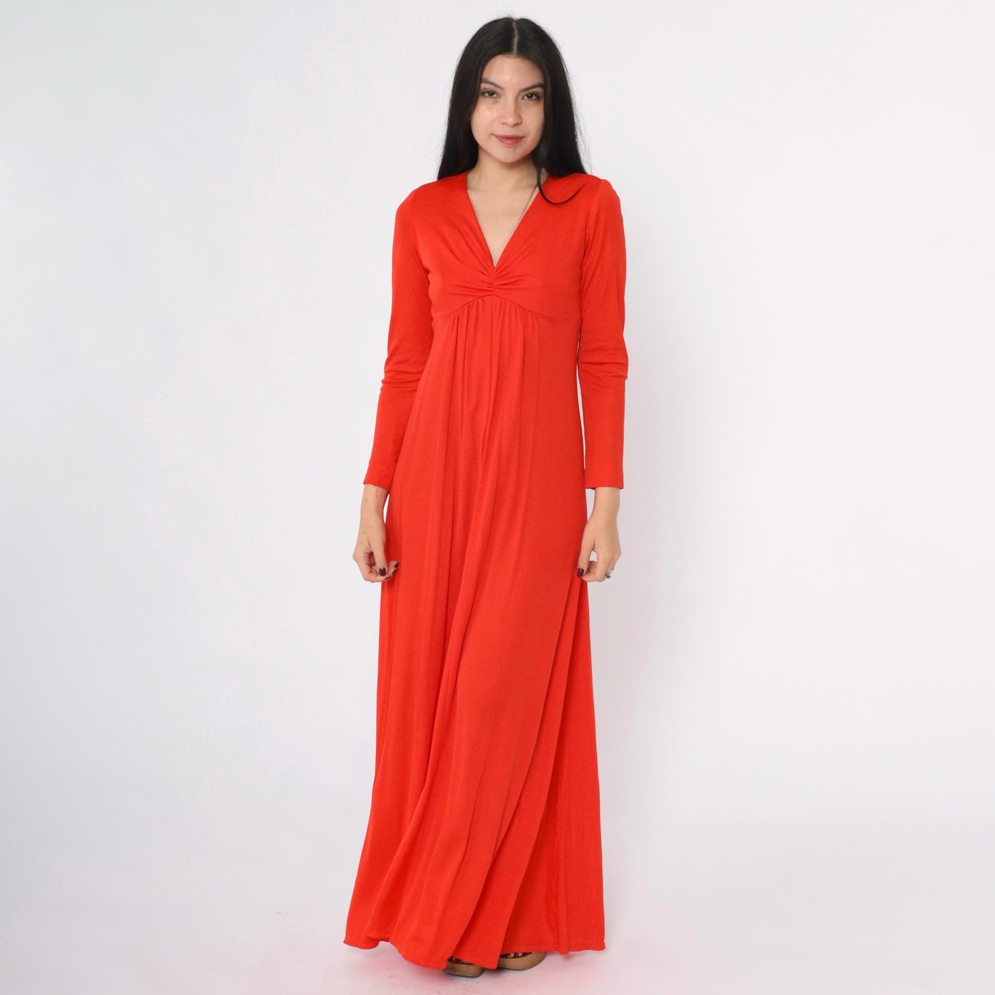 70s Red Maxi Dress Empire Waist V-Neck Long Sleeve Small S