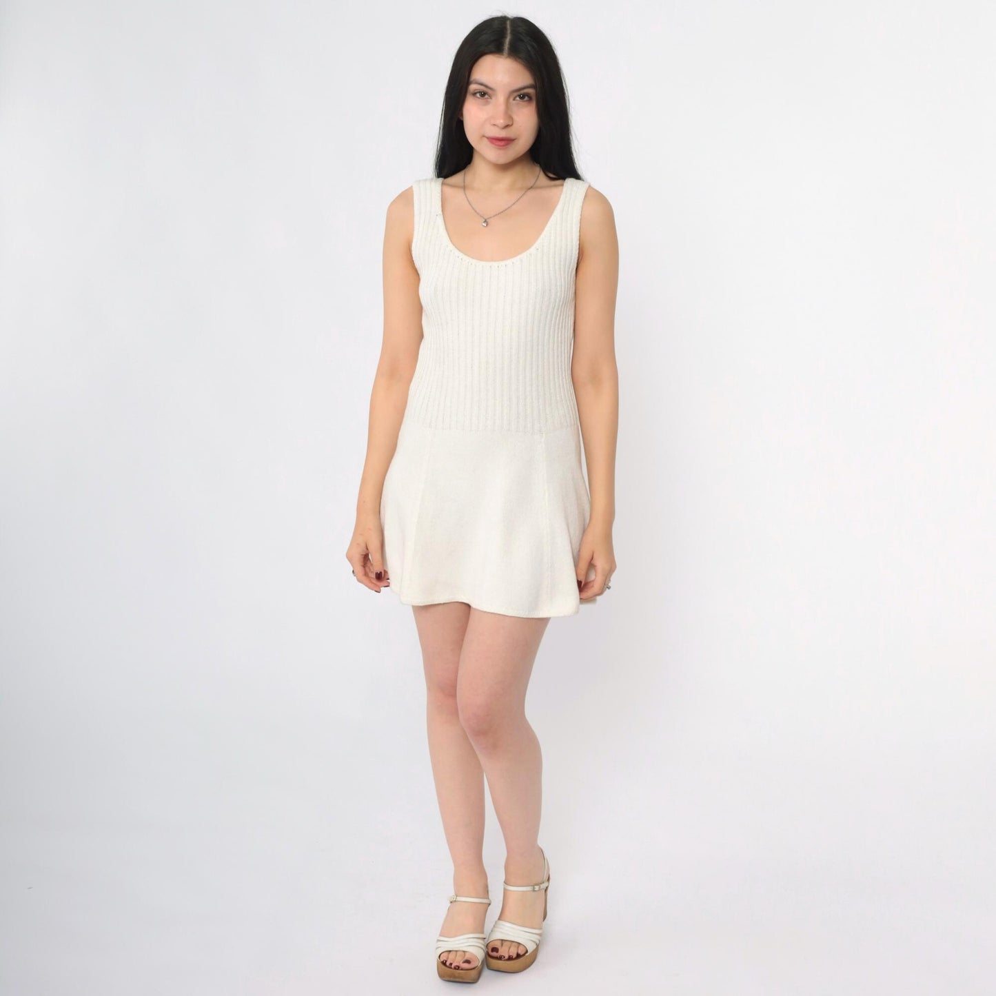 60s Tennisknit Hampton Court Off-White Knit Mini Dress Scoop Neck Drop Waist XS
