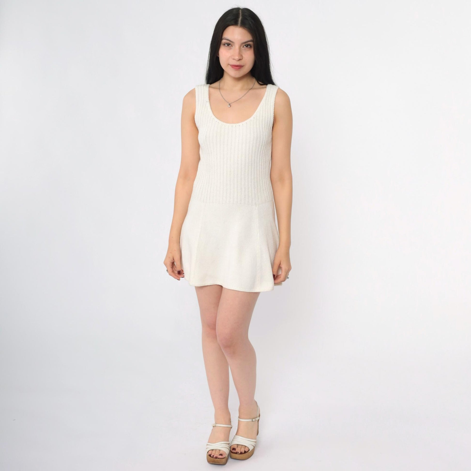 60s Tennisknit Hampton Court Off-White Knit Mini Dress Scoop Neck Drop Waist XS