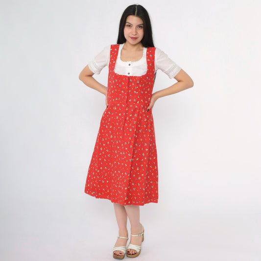 70s Red Calico Floral Dirndl Midi Dress Sleeveless High Waist Zip Medium