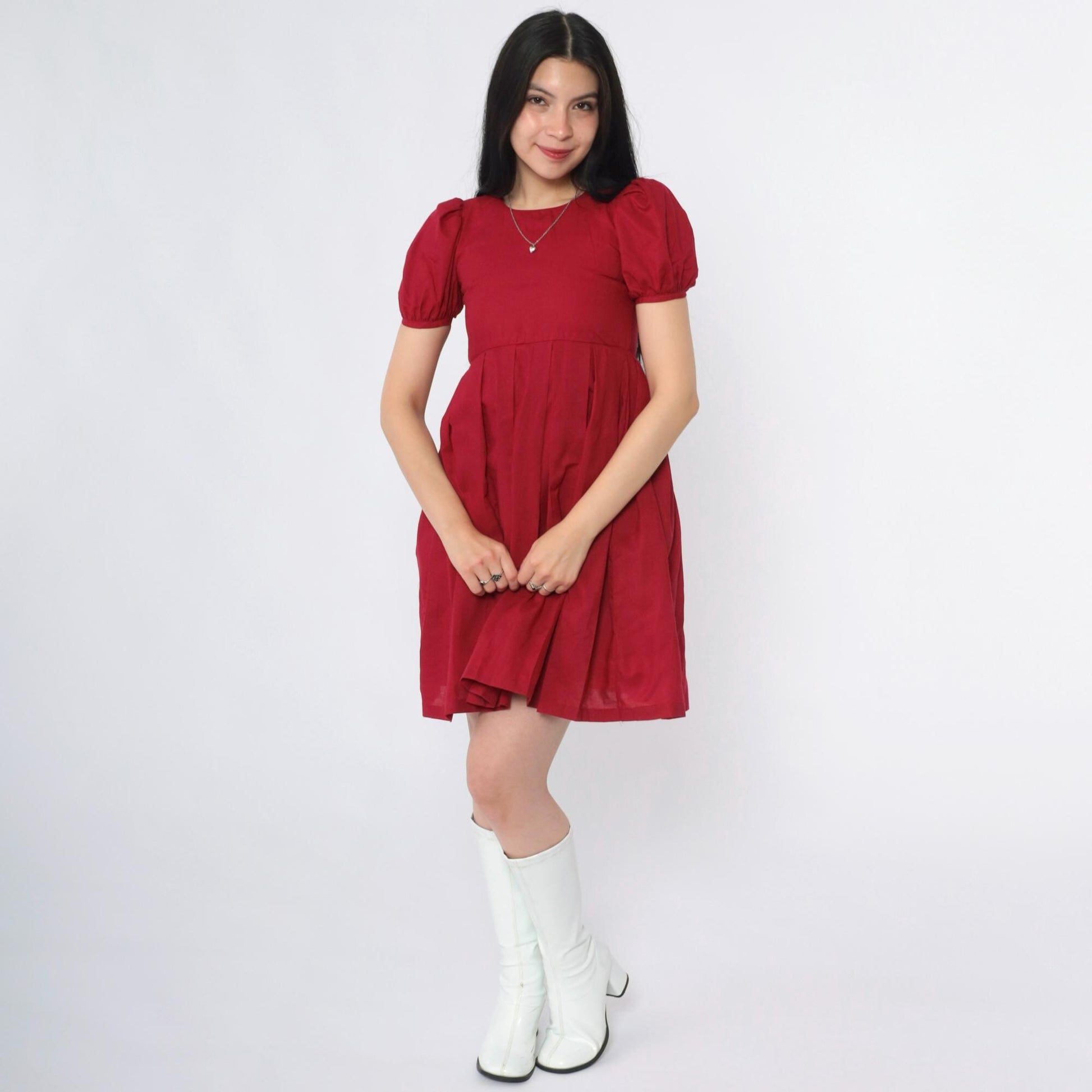 80s Burgundy Puff Sleeve Mini Dress High Waist Pleated Babydoll XXS