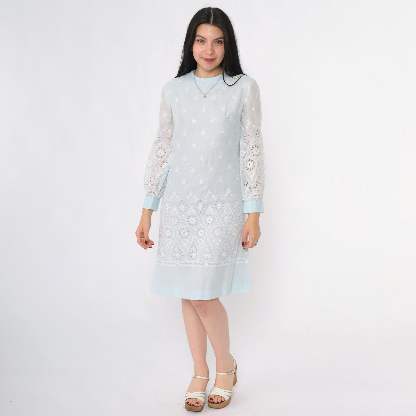 60s Howard Wolf Baby Blue Eyelet Lace Mini Dress Long Sleeve Small S