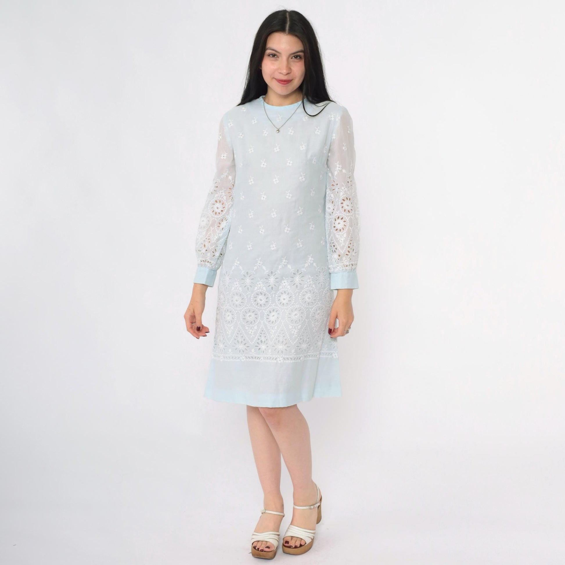 60s Howard Wolf Baby Blue Eyelet Lace Mini Dress Long Sleeve Small S
