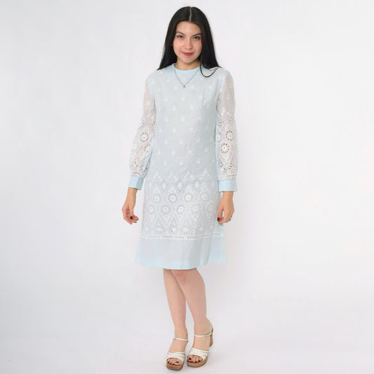 60s Howard Wolf Baby Blue Eyelet Lace Mini Dress Long Sleeve Small S