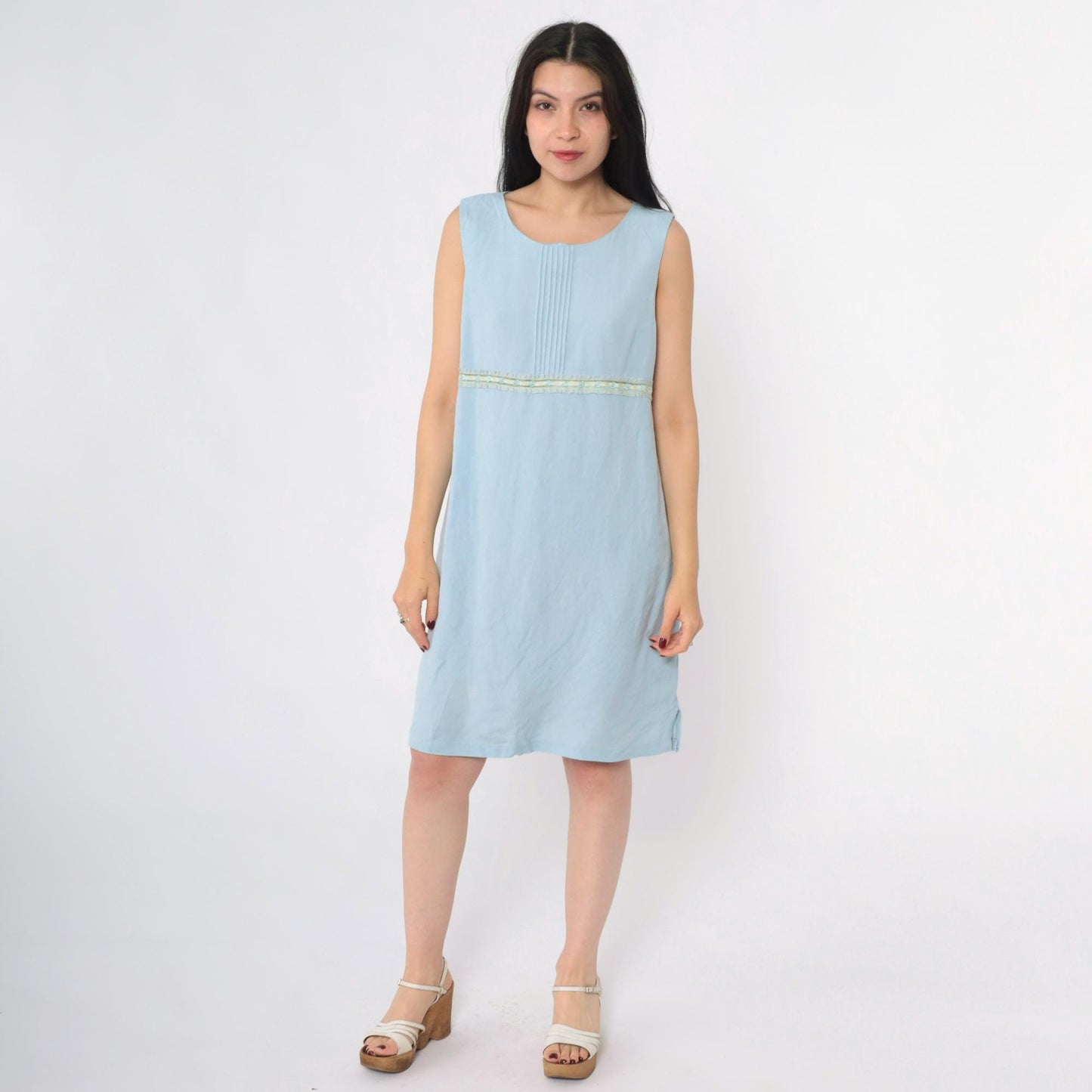 Y2K Coldwater Creek Powder Blue Linen Shift Dress Pintuck Ribbon Trim Petite 12