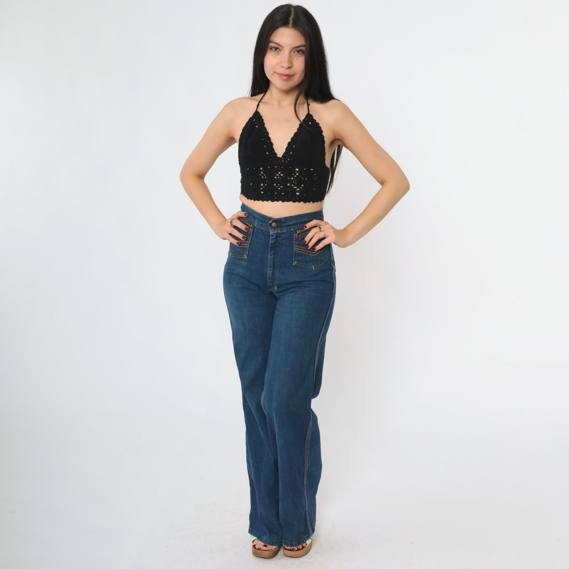 Y2K Black Crochet Halter Crop Top Tie Back V-Neck Knit Small