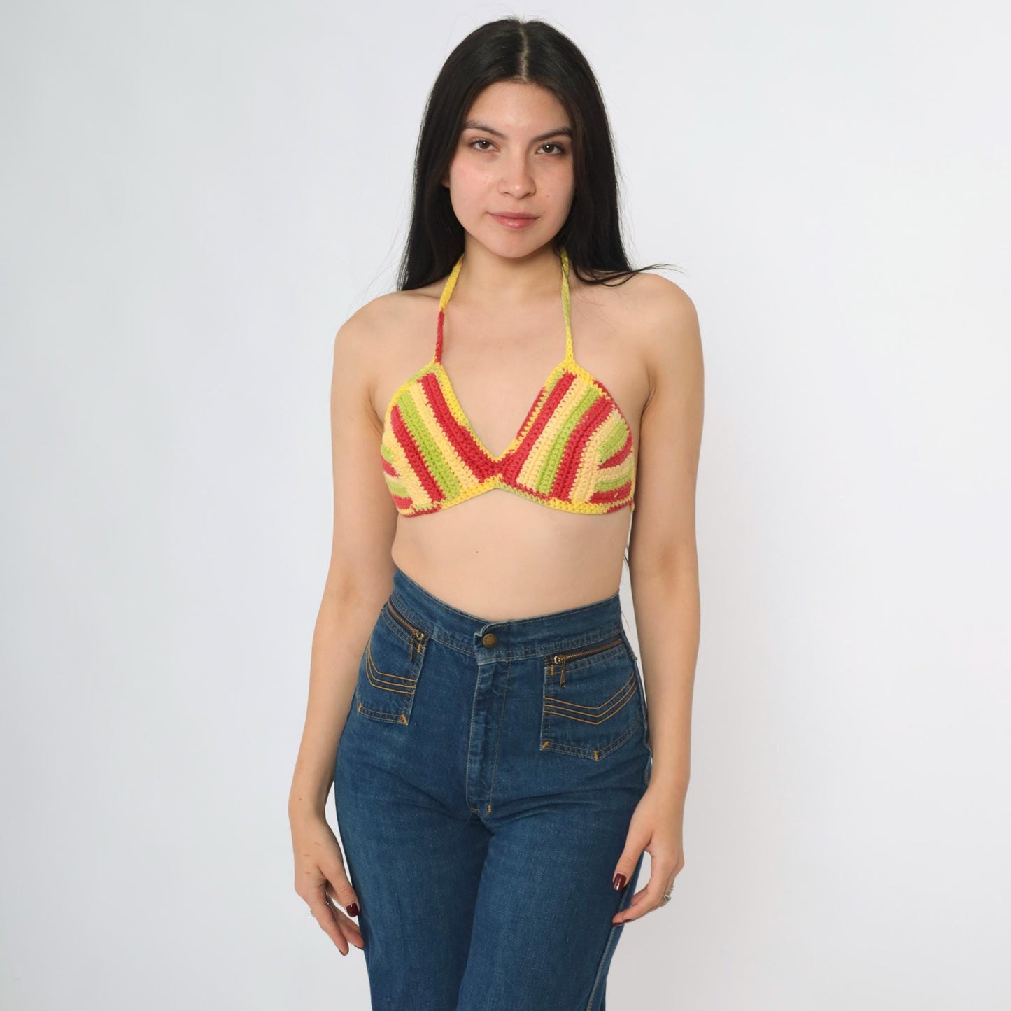 Y2K Striped Crochet Halter Bikini Top Red Yellow Green Triangle Crop Extra Small