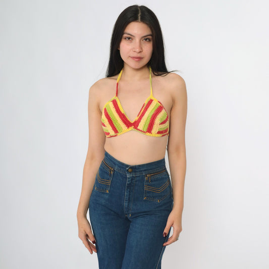 Y2K Striped Crochet Halter Bikini Top Red Yellow Green Triangle Crop Extra Small