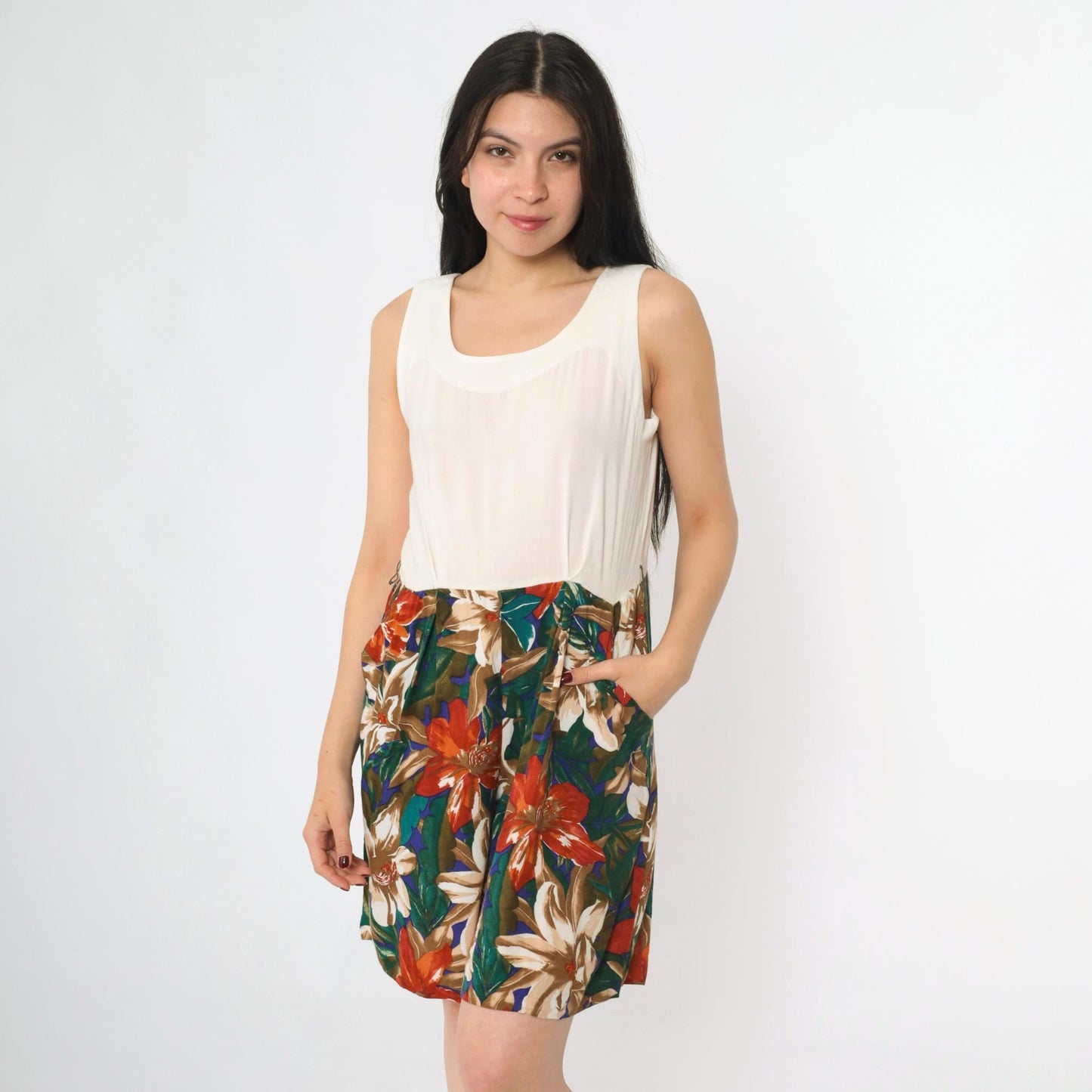 90s Tropical Floral White Romper Pleated Wide Leg Sleeveless Medium