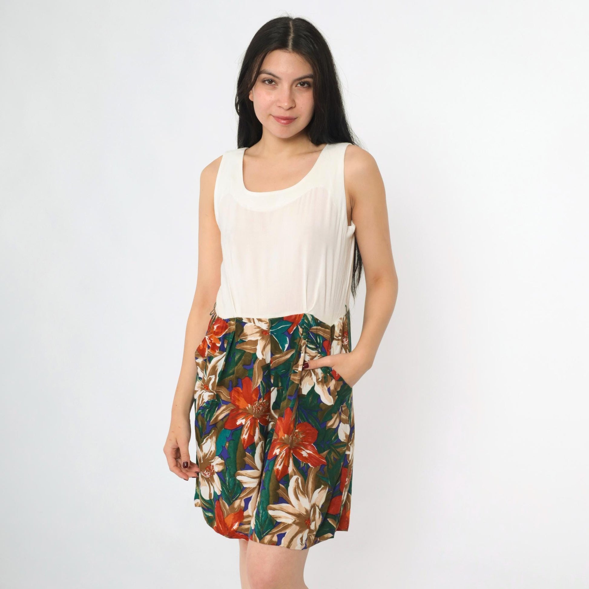 90s Tropical Floral White Romper Pleated Wide Leg Sleeveless Medium