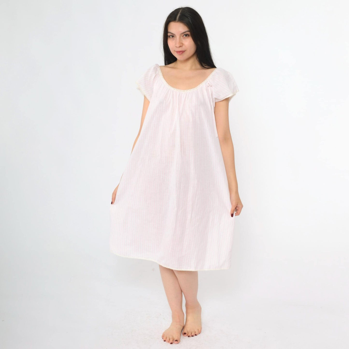 80s Miss Elaine Pink Striped Midi Nightgown Lace Scoop Neck Medium