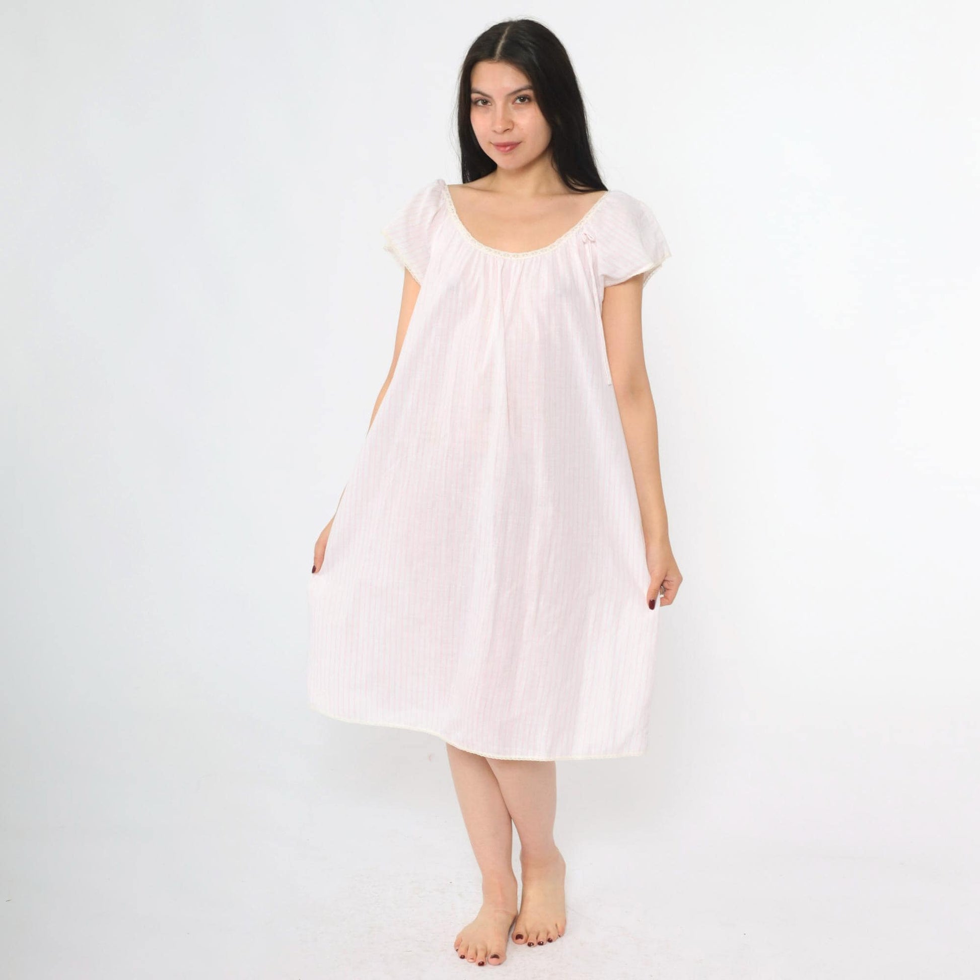 80s Miss Elaine Pink Striped Midi Nightgown Lace Scoop Neck Medium