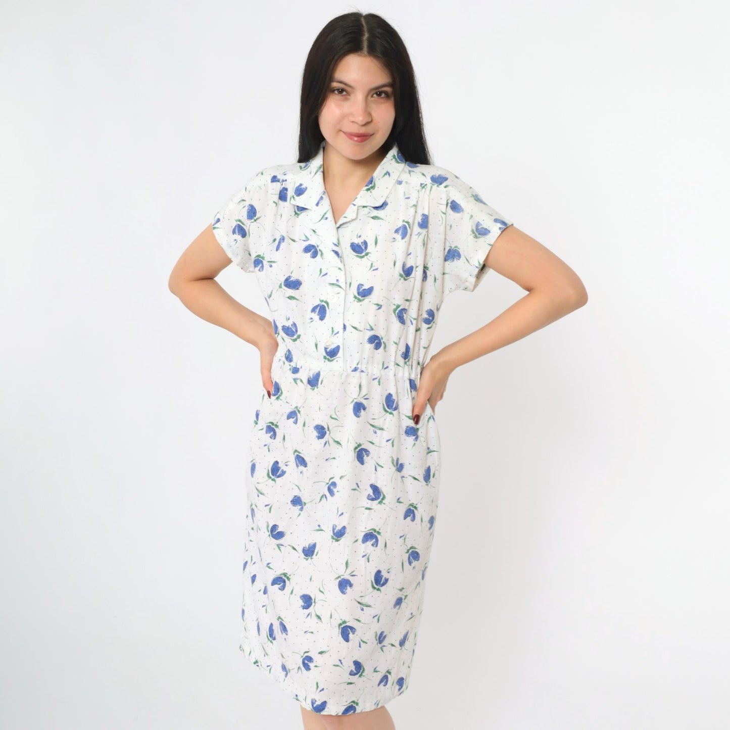 80s White Blue Floral Midi Shirtdress High Waist Button Front Small