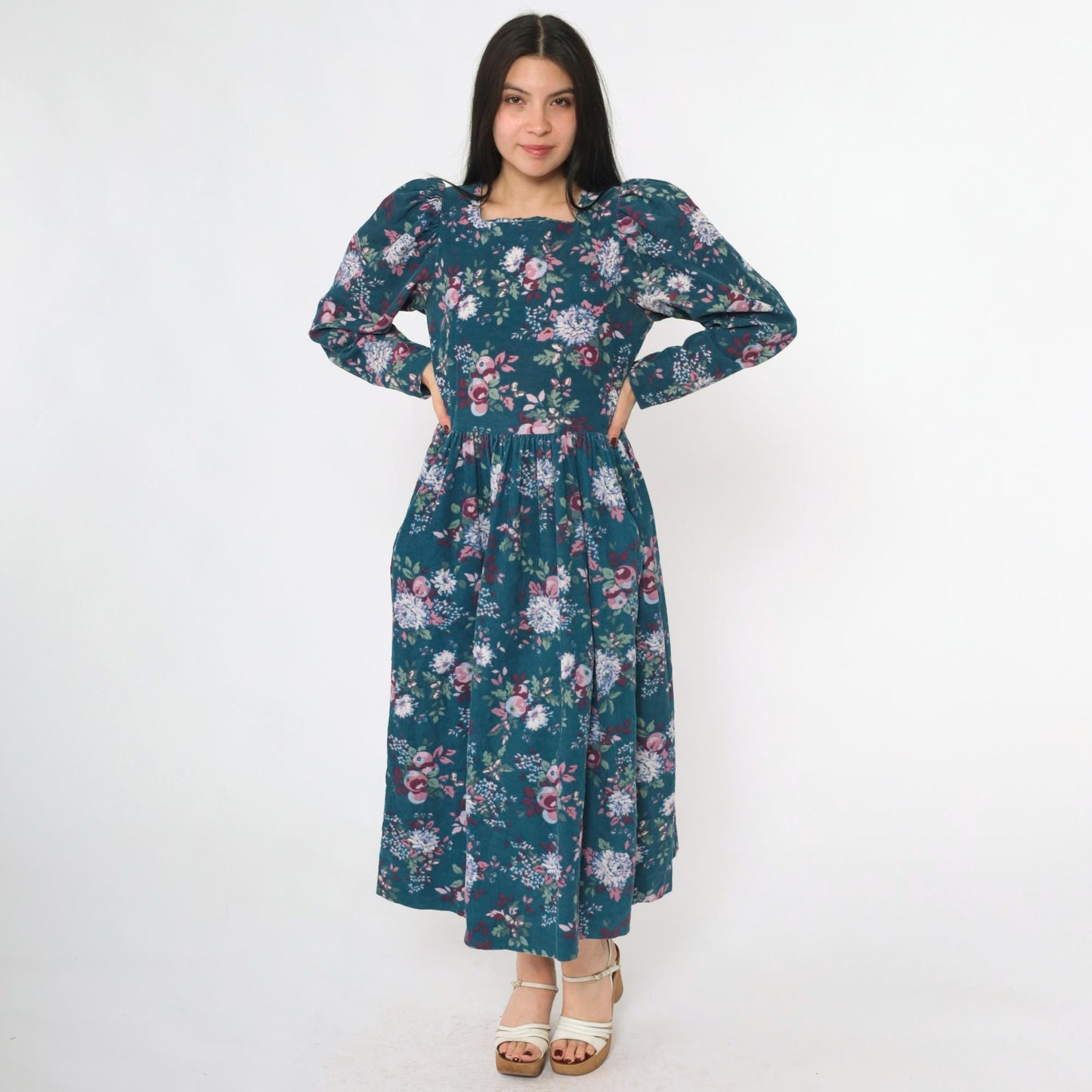 80s Laura Ashley Corduroy Floral Midi Dress Teal Puff Sleeve Medium