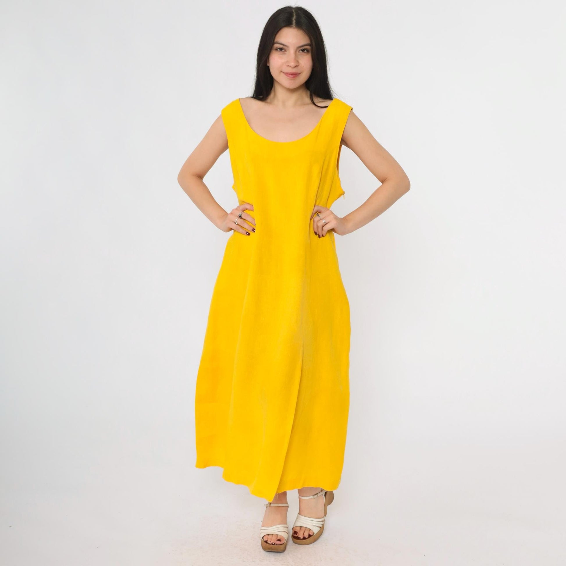 90s Navora Yellow Linen Maxi Dress Cutout Back O-Ring Straps Large L
