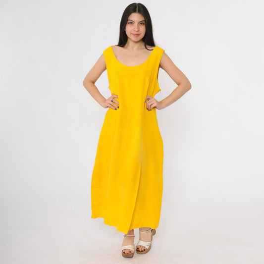 90s Navora Yellow Linen Maxi Dress Cutout Back O-Ring Straps Large L