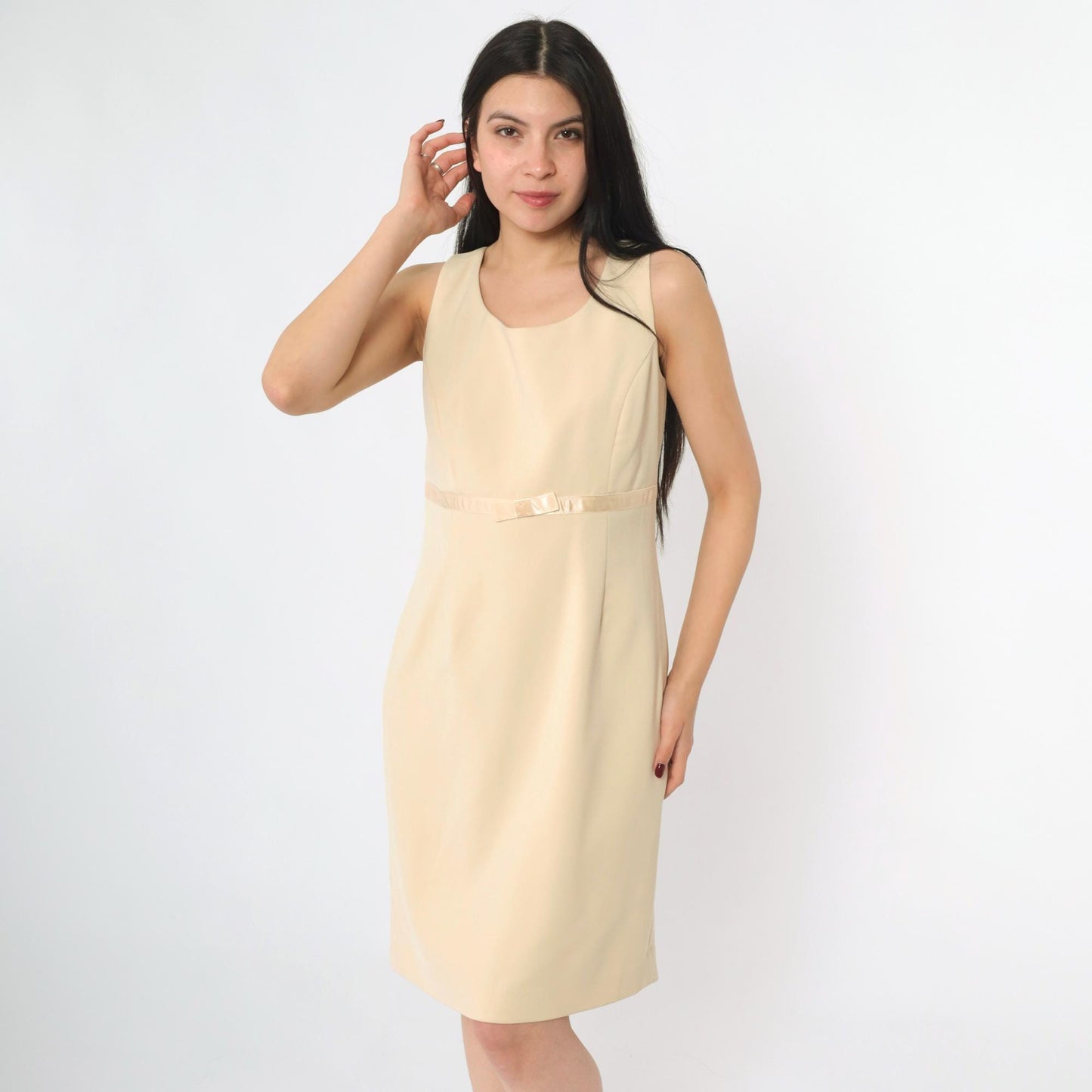 00s Amanda Smith Beige Mini Dress Satin Bow Empire Waist Scoop Neck Small