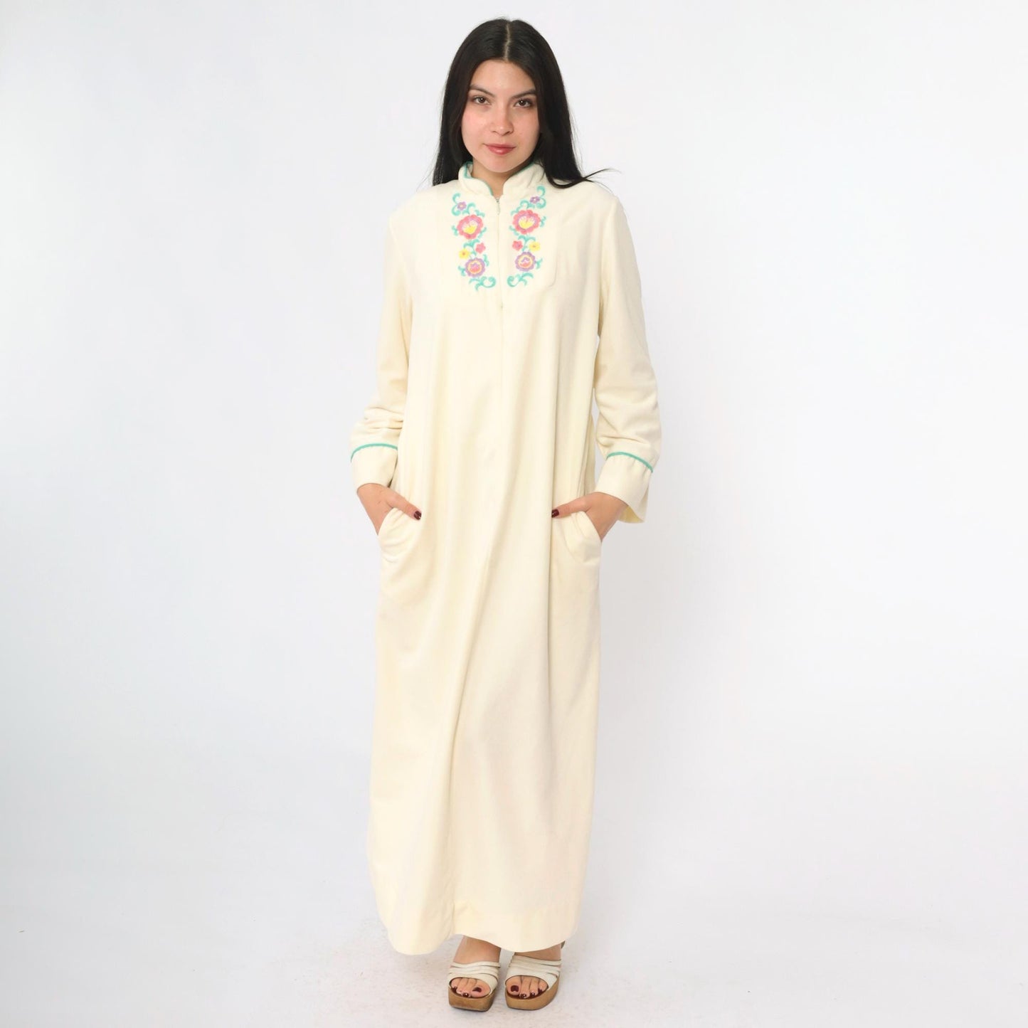 80s Cream Velour Lounge Dress Floral Embroidery Zip Front Ankle Length Small
